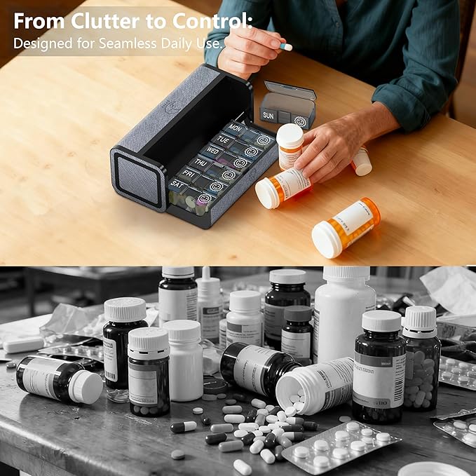 7-Day AM/PM Pill Organizer with Scratch-Resistant Leather Case - Portable Weekly Travel Medicine Box with Detachable Daily Pods & Privacy Design (Silver Black)