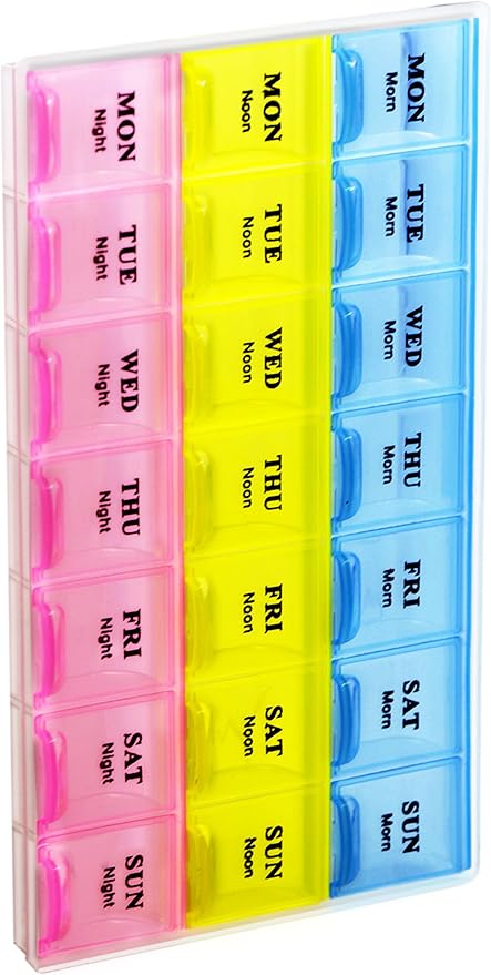 Inspirations 21 Compartments Pill Organizer Box, Medicine Remainder with Snap Lids, 7-Day AM/PM for Pills, Vitamins(6038, 21 Compartment)
