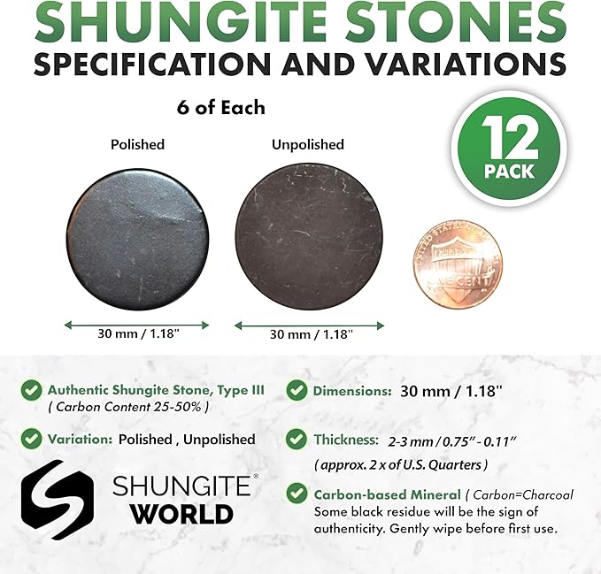 12 pcs Shungite Stickers Set Round 30 mm Polished and Unpolished (6 of Each) for Cell Phone Case Tablet Laptop Computer - Energy Shungite Stones Protection Plate with Carbon Fullerenes
