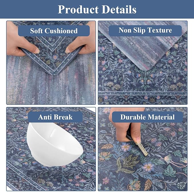 U'Artlines Double-Sided Kitchen Rugs Set of 2,Kitchen Anti Fatigue Mats Non Slip Padded Floor Standing Desk Mat,PVC Waterproof & Stain Resistant Carpet Blue Floral Rugs for Laundry Room Office Sink