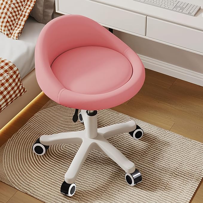 Rolling Stool – Ergonomic Swivel Seat, Adjustable Height, Ultra-Quiet Wheels, Padded PU Leather Cushion, for Salon, Office, Massage & Medical Use Pink 1