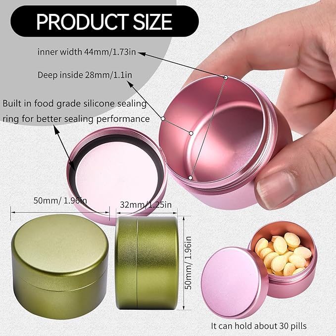 Small Daily Pill Box - Portable Waterproof Metal Pill Case for Pocket or Purse Aluminium Alloy Round Travel Pill Container Storage Container 2 Pieces (Pink Green)
