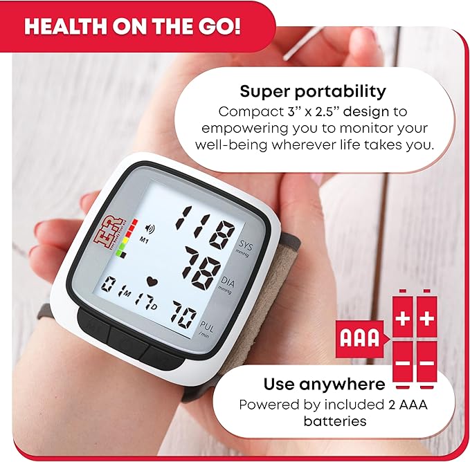 Ever Ready First Aid Fully Automatic Blood Pressure Wrist Cuff Watch Wearable Monitor for Home Use - Black- Batteries Included