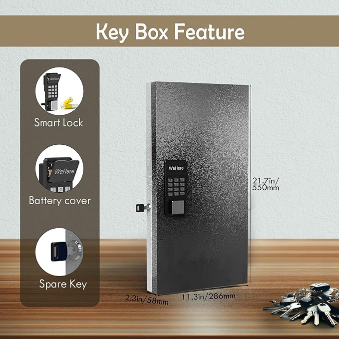 48-Key Smart Key Lock Box Wall Mount – Commercial Key Cabinet with App, Keypad, Bluetooth & WiFi Unlock (Sold Separately), Access Log Tracking, Key Management System for School, Office