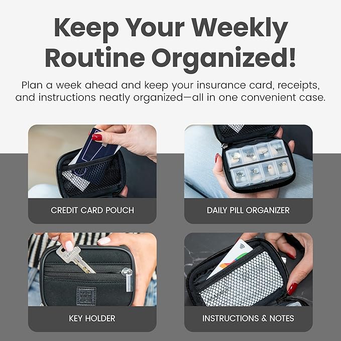 Made Easy Kit Pill Case - Weekly Medicine Organizer with Removable Seven-Day Vitamin & Supplement Box - Premium Neoprene for Travel Purse Accessory (Black)