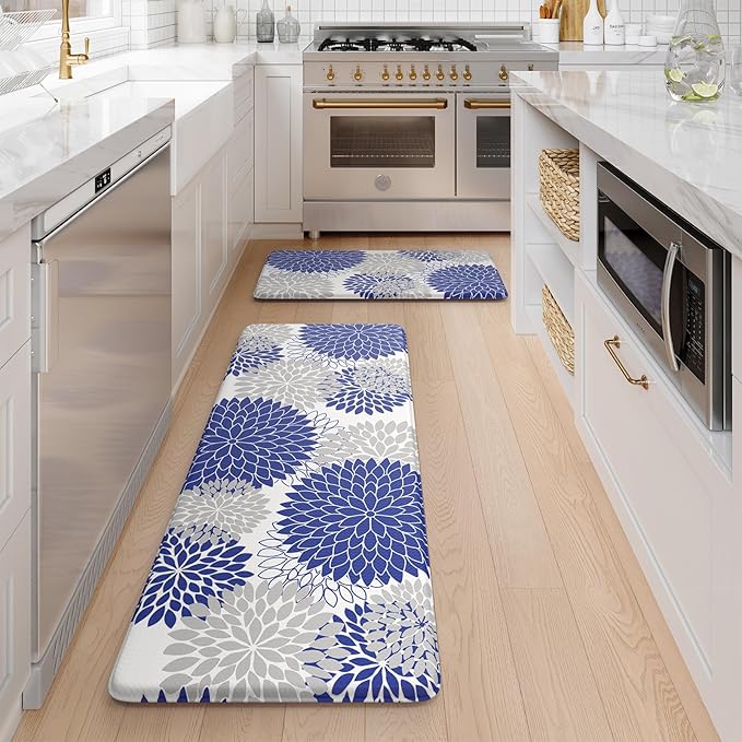 Anti Fatigue Kitchen Mats 2PCS,Boho Dahlia Kitchen Rugs Non Slip Rubber Backing, Farmhouse Waterproof Kitchen Mat for Floor,Cushioned Standing Mat for Kitchen,Laundry,Sink,Desk,Blue