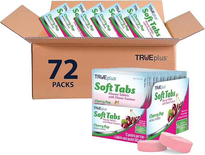 TRUEplus Soft Tabs Glucose Tablets, Chewable, Cherry Pop Flavor, 16g Fast-Acting Carbohydrates, Fat Free, Gluten Free, Raise Low Blood Sugar and Boost Energy, 4 Count, 72 Packs