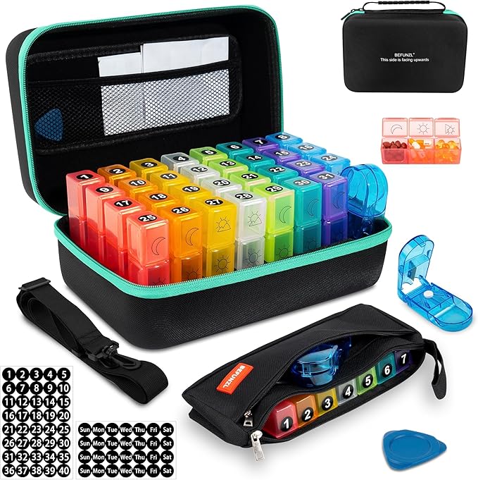 Monthly Pill Organizer, Medicine Organizer Box with Portable Hard Shell and Pill Cutter, 31 Day Pill Holder with Weekly Pill Bag (Green, 3 Times a Day)