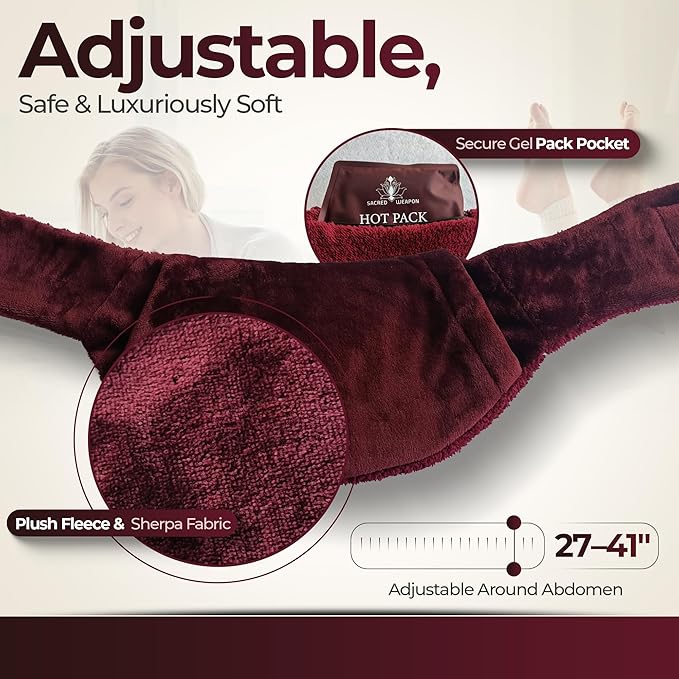 Sacred Weapon Microwavable Heating Pad for Period Cramps, Belly Warmer for Women, in Cute Fleece & Sherpa Belt – Wearable, Portable & Reusable, Gel Heat Pack, Non-Electric for Women Menstruation