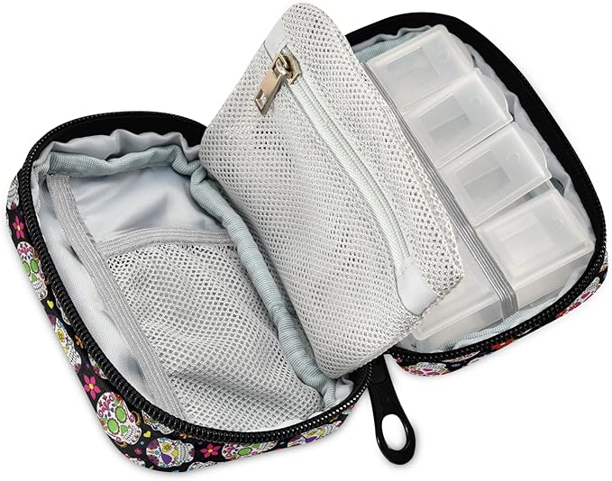 Day of The Dead Sugar Skull Pill Box 7 Day Pill Case Travel Pill Organizer Bag with Zipper Portable Weekly Case Compact Size for Vitamin Supplement Holder