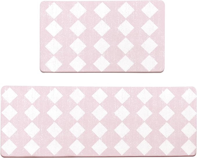 Pink Moroccan Trellis Checkered Kitchen Rug Sets [2 PCs], Anti-Fatigue, Waterproof Non-Slip Kitchen Mats Heavy Duty Ergonomic Comfort Foam Rug for Floor, Home, Laundry,17"x29"+17"x47"