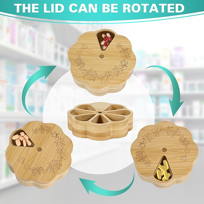 Bamboo Wood Weekly Pill Organizer for Medicine Vitamin 7 Day Round Scalloped Magnetic Pill Box Holder Flower Shape Aesthetic Tablet Box Compartments Container Portable