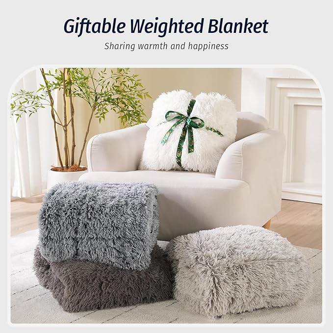 Wemore Shaggy Long Fur Faux Fur Weighted Blanket, Cozy and Fluffy Plush Sherpa Long Hair Blanket for Adult 10lbs, Fluffy Fuzzy Sherpa Reverse Heavy Blanket for Bed, Couch, Cream White, 48 x 72 Inches