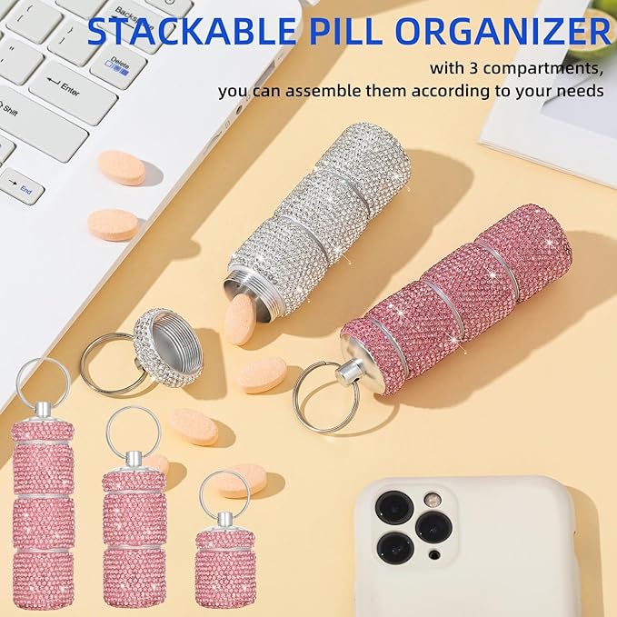 Keychain Pill Holder Box Travel Small Pill Case Bling Portable Purse Medicine Case Container Metal Pill Organizer Fob for Vitamin Medicine(Pink)