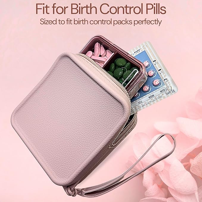 Pink- Small Pill Case with Silicone Pill Pouch, 4 Compartment Pill Organizer, Zipper Pill case, Small Pill Box for Purse, Sturdy Hinge, Multi Purpose, for Vitamins & Supplements, BPA Free