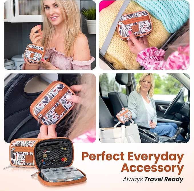 Made Easy Kit Pill Case for Everyday and Travel - 7-Day Weekly Medicine Supplement Vitamin Organizer Sorter Tracker - Neoprene Bag with Pockets - Compact Portable 8 Compartments (Light Brown Woods)