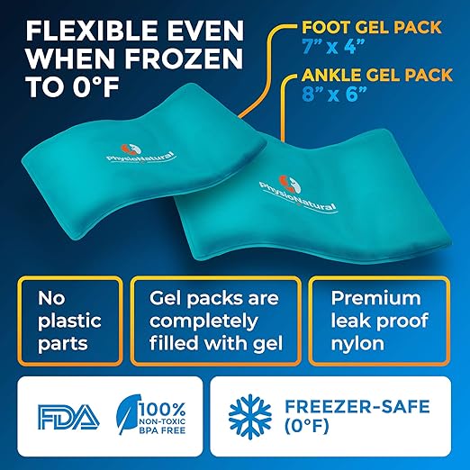 PhysioNatural Foot & Ankle Ice Wrap with 2 Cold Gel Packs – Great for Sprained Ankle, Achilles Tendon Injuries, Plantar Fasciitis, Bursitis & Sore Feet – Cold Therapy Pain Relief (XS-XL)
