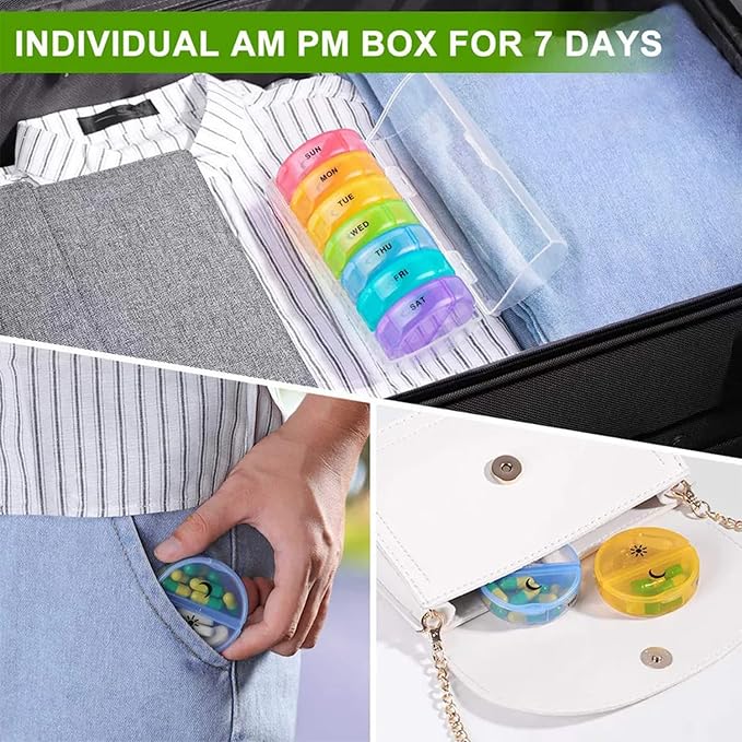 VIGOR PATH 7-Day Pill Organizer with Two Compartments Per Day, Ideal for Pills/Vitamins/Fish Oil/Supplements Storage, BPA-Free and Easy to Clean (Black - Colorful)