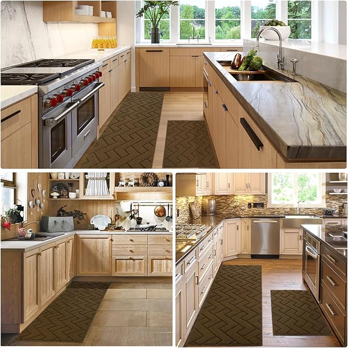hicorfe Kitchen Rugs and Mats Sets,2 Pieces Super Absorbent Polypropylene Non-Slip Rug,Soft Comfort Floor Mat,Washable for Kitchen,Hallway,Office,Sink,Laundry(20" x 32"+20" x 48",Dark Brown)