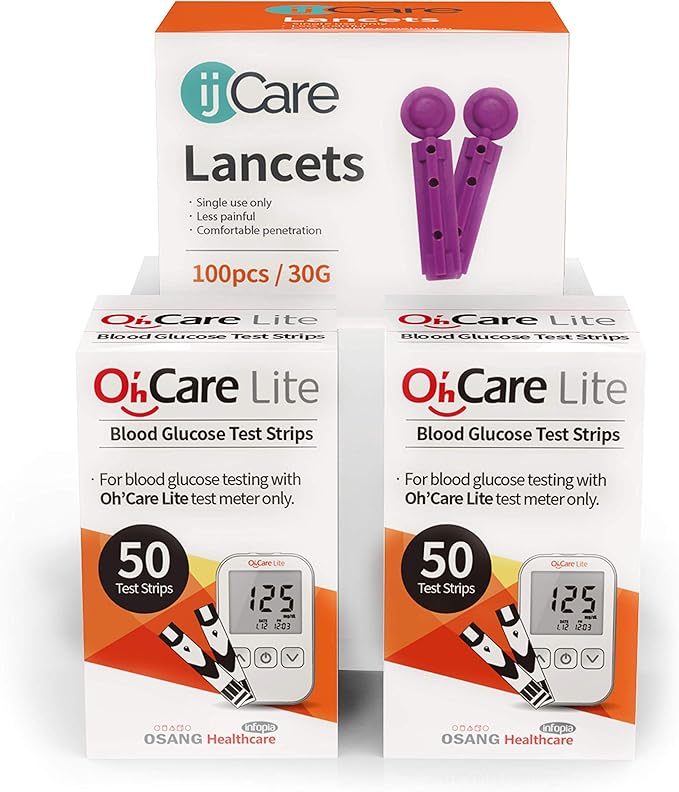 Oh’Care Lite Blood Sugar Testing Monitor – Glucose Test Strips and Lancets for for Blood Testing – Accurate and Affordable Diabetic Supplies (100 Strips + 100 Lancets)