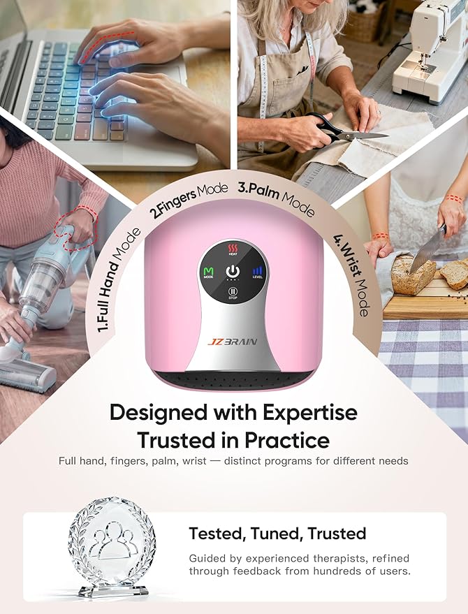 Hand Massager with Heat and Compression : Cordless Heated Hand and Wrist Massager for Palm, Fingers, and Comfort Relief – 4 Modes 6 Intensities, Portable Rechargeable, Wife Husband (Pink)