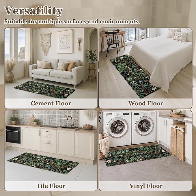 Arttown Kitchen Mats for Floor 2Pcs-Anti Fatigue Non Slip Mats for Kitchen Floor, Cushioned Waterproof & Stain-Resistant Plant Floral Mat Set, Laundry Room, Office, Sink, Desk (Green)