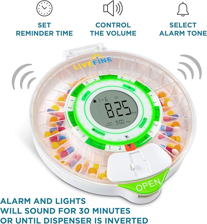Live Fine 28-Day Automatic Pill Dispenser with Upgraded LCD Display, Key Lock, Sound & Light for Prescriptions, Medication, Vitamins, Supplements & More