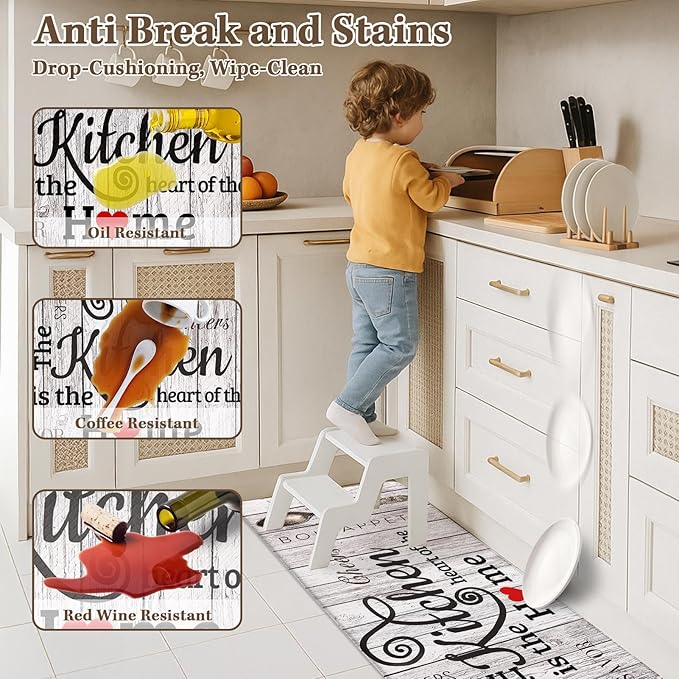 Arttown Farmhouse Anti-Fatigue Kitchen Rug Set of 2, Waterproof Non-Slip PVC Foam Cushioned Mats, Brown Grey Vintage Heart Home Style
