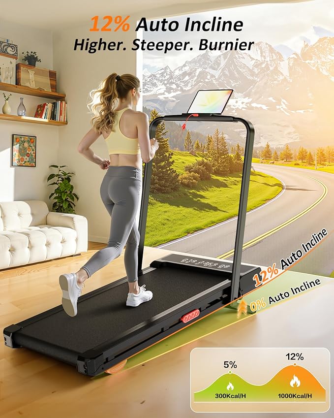 Treadmill with Auto Incline,12-Level Incline Walking Pad Treadmill with Handle Bar,3.0HP Quiet Under Desk 350 lbs Weight Capacity 2 in 1 Foldable Treadmills Walking LED Display for Home Office Gym