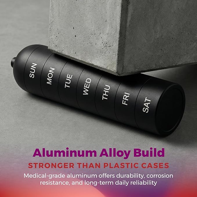 Metal Moisture-Proof 7 Day Pill Organizer - Aluminum Alloy Weekly Pill Box with Airtight O-Ring Seals, Large Stackable Compartments, Durable BPA-Free Medicine Case for Travel, Vitamins & Supplements