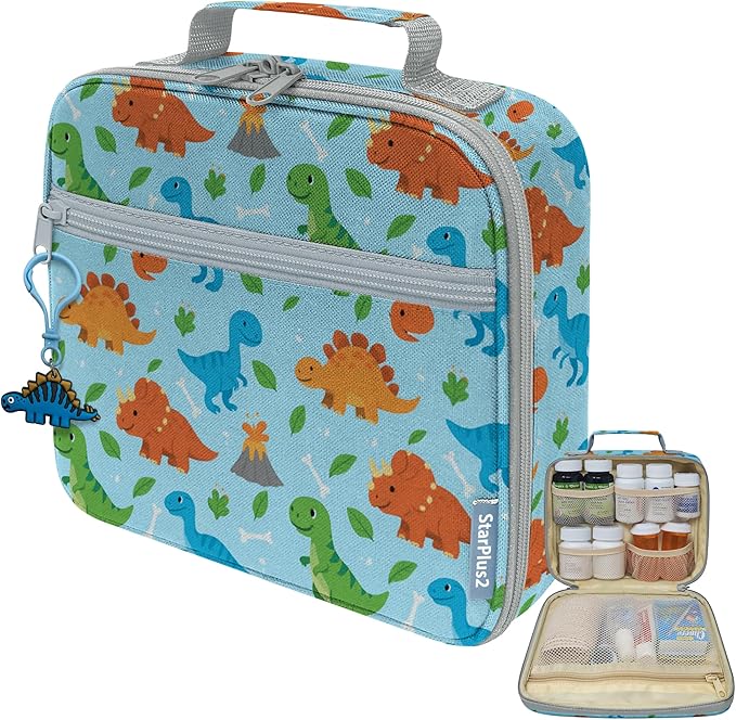 Medium Travel Pill Bottle Organizer, Child Medicine Bag with Zipper Toy, Carrier for Kids Medications and Medical Supplies - Dinosaurs