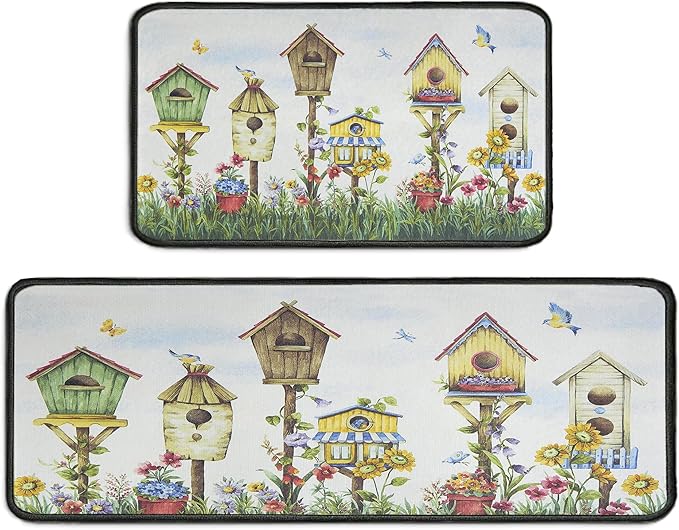 Birds Kitchen Rugs 2 Piece Set for Floor Mat, Rug With Birds Non Skid Washable Absorbent Microfiber Birds Kitchen Mat for in Front of Sink for Standing for Home Birds Kitchen Decor 17"X30"+17"X47"