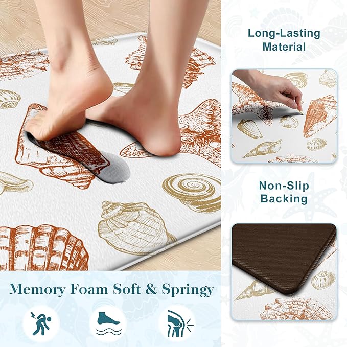Kitchen Mats for Floor Cushioned Anti Fatigue Sets of 2 Beach Theme Kitchen Rugs Non Slip Waterproof Coastal Foam Kitchen Floor Rug Nautical Seashell Comfort Standing Mat For Sink Laundry, Coral