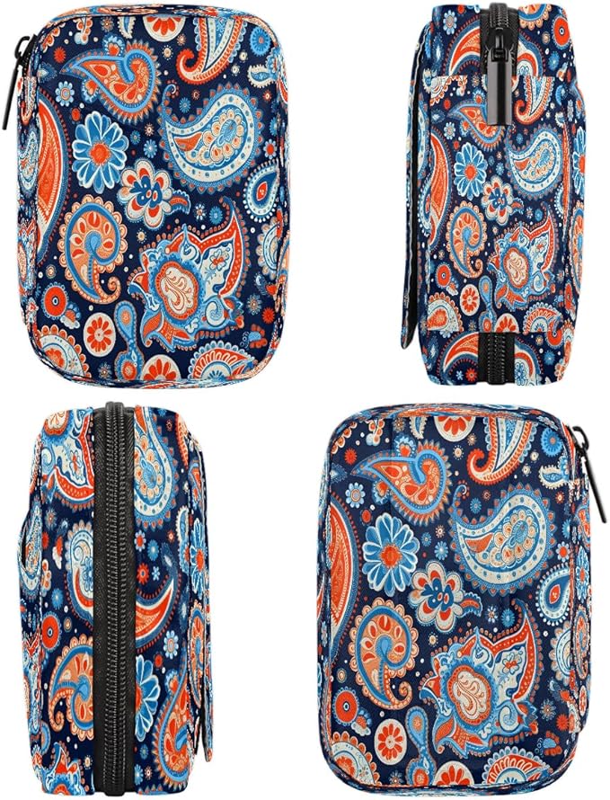 Flower Paisley Pill Box Small Travel Organizer 7 Day Weekly Ethnic Floral Medicine Case Cute Compact Size Vitamin Container Portable Holder Bag with Zipper