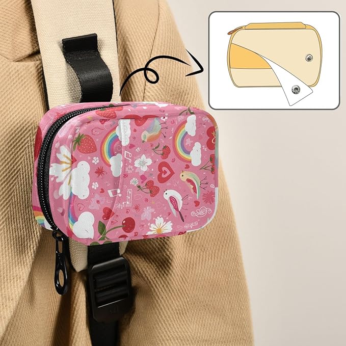 Pink Rainbow Cherry Bird Music Note Travel Pill Organizer Case Box Container Weekly Portable Vitamin Medicine Holder Storage Bag with Zipper Removable