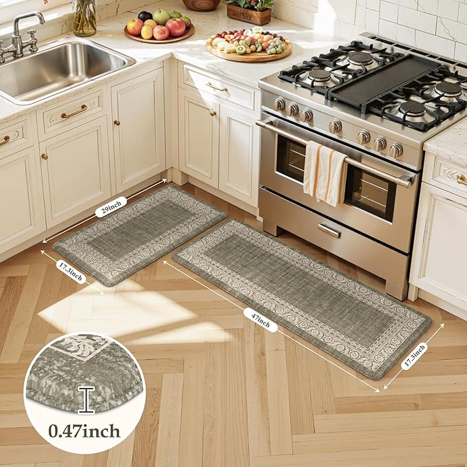 LEEVAN Green Kitchen Mats for Floor Sets of 2,Anti Fatigue Cushioned Memory Foam Kitchen Mat,Farmhouse Ergonomic Boho Non Slip Kitchen Floor Mat for Sink,Laundry,Home,Office,Desk(17''x29''+17''x47'')