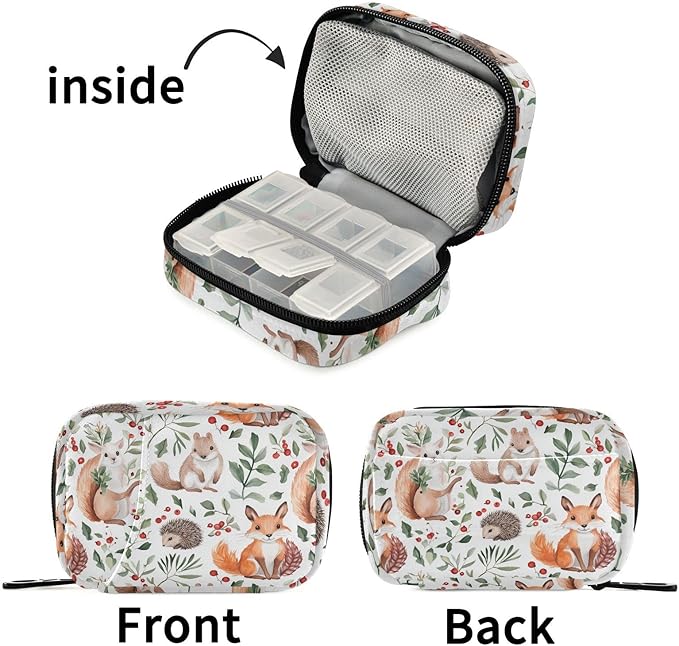Fustylead Watercolor Cute Forest Fox Hare Hedgehog and Squirrel Animals Pill Organizer and Storage Weekly with Zipper, Removable Pill Box Portable Medicine Organizer for Vitamin Fish Oil Supplement