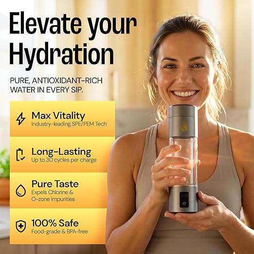 Hydrogen Water Bottle Generator, Up to 6500 PPB Molecular Hydrogen, Independently Lab Tested, SPE/PEM Technology, 12-Hour Retention, 9.5 oz Portable Bottle for Home, Gym, Travel & Office
