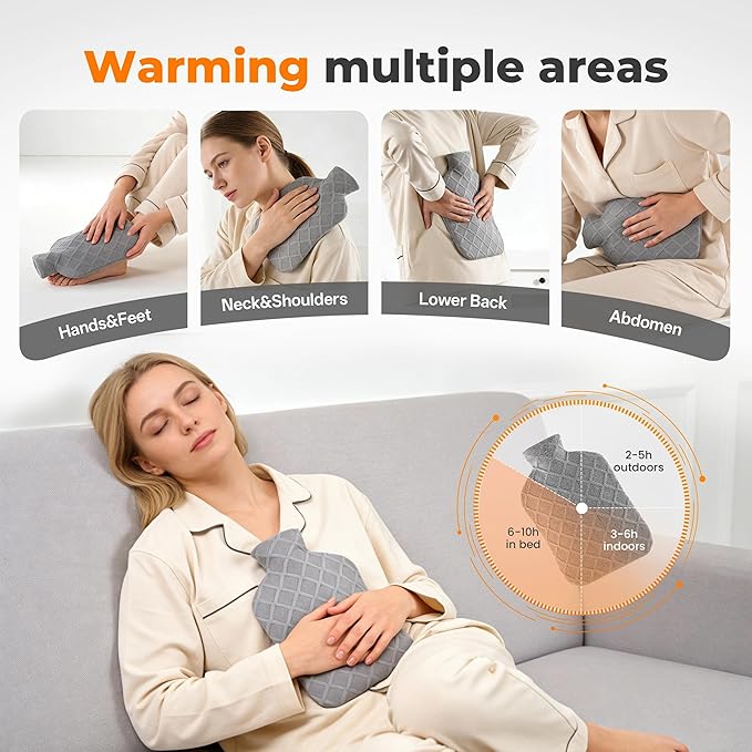 Hot Water Bottle with Soft Cover, 2L Hot Water Bag, Hot and Cold Therapies for Sore Muscles, Menstrual Cramps, Neck and Shoulder Pain Relief, Great for Women, Childs, Gray
