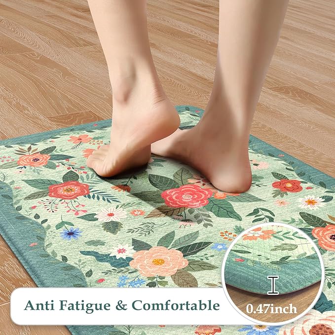 KIMODE Anti Fatigue Mats for Kitchen Floor 17"x47"+17"x29",Green Farmhouse Kitchen Rugs Sets of 2, Cushioned Kitchen Floor Mats Non Skid, Memory Foam Mats for Laundry Office Sink Desk