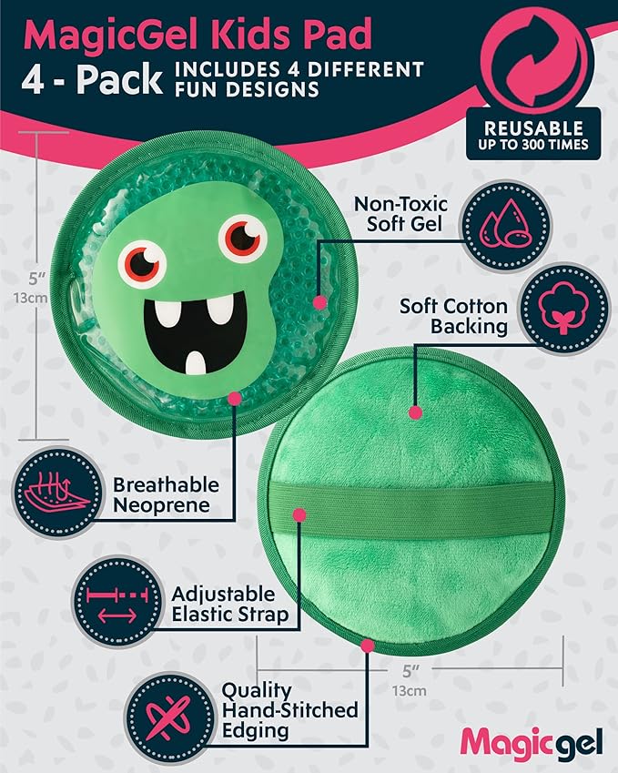 Magic Gel Kids Ice Packs for Boo Boos - Pack of 4 - Reusable Soft Ice Packs for Kids - Small Squishy Gel Pack for Baby or Toddler - Fun Cute Monster Design