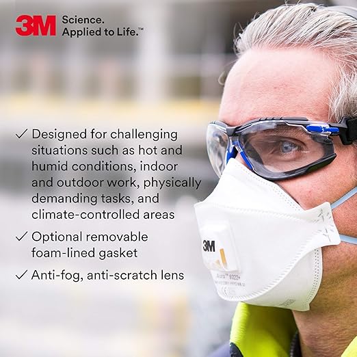 3M Safety Glasses, Solus 1000 Series, ANSI Z87, Scotchgard Anti-Fog, Clear Lens, Blue/Black Frame, Removable Foam Gasket and Strap, Pack of 1
