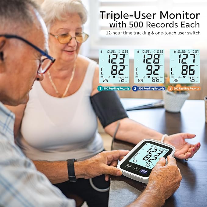 Blood Pressure Machine Upper Arm, 3 Size Cuffs, Small 7"-9", Medium/Large 9"-17" and Extra Large XL Cuff 13"-21", Accurate Automatic Digital BP Cuff Home Use, Large Backlit BP Monitor 3-User 1500 Mem