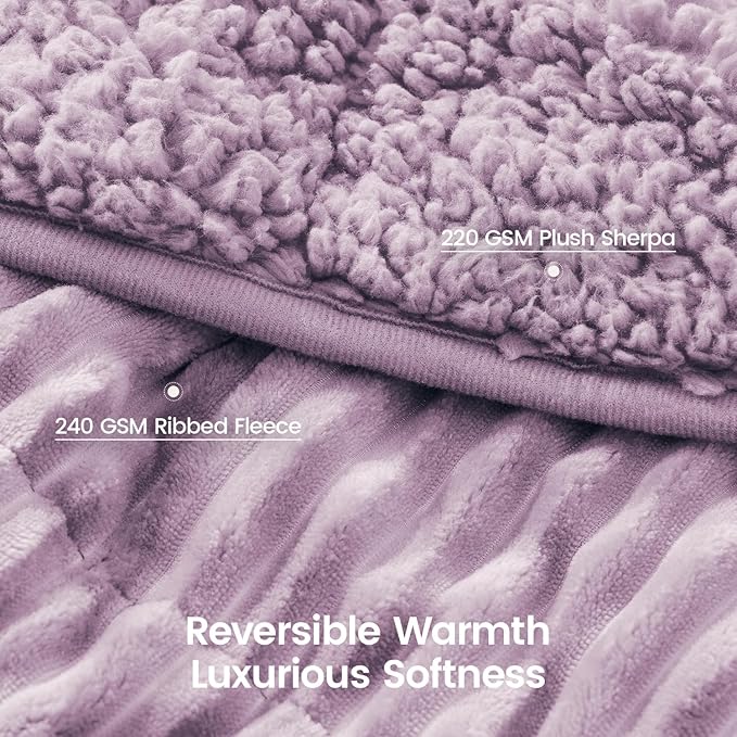 Sherpa Fleece Adult Weighted Blanket 20lbs with Ribbed Stripes, Dual Sided Fuzzy Warm Blanket for Couch Bed Sofa, Heavy Thick Blankets with Glass Beads Great for Sleep, Light Purple, 60" x 80"