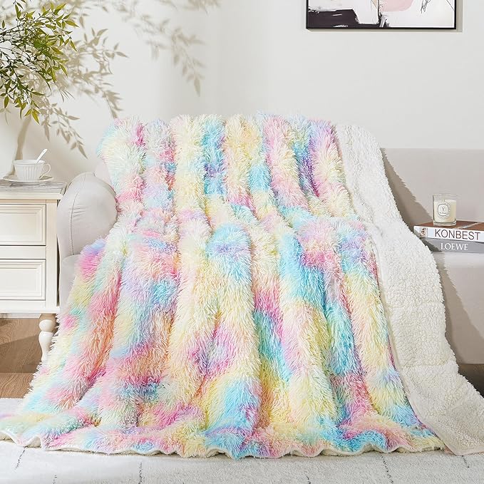 Cottonblue Faux Fur Weighted Blanket 15 lbs for Adult 48x72 Inches, Plush Shaggy Fluffy Throw Blanket Twin Size, Cozy Warm Furry Weighted Blanket for Couch Sofa Chair Home Decor, Rainbow