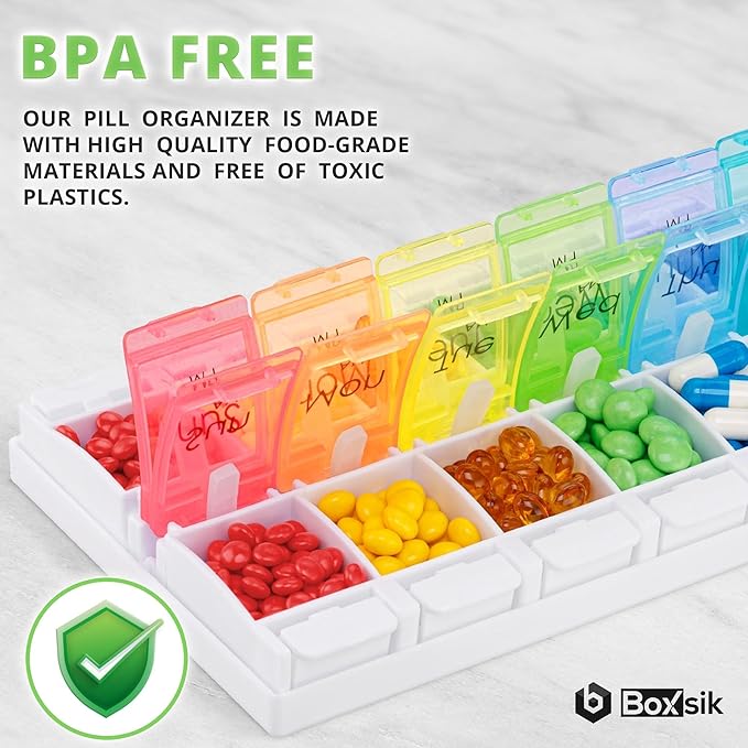 Pill Box Organizer (Rainbow), 7-Day 2 Times a Day Medicine Storage Case w/Spring Opening & Detachable Compartments, Weekly Tablet Pills Container for Vitamins, Supplements & Travel Medication