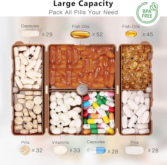FYY 2 Pcs Daily Pill Organizer, 7 Compartments Portable Pill Case Travel Pill Organizer,[Folding Design] Pill Box for Purse Pocket to Hold Vitamins,Cod Liver Oil,Supplements and Medication-Brown