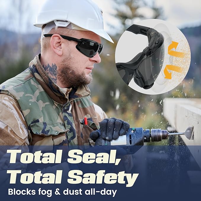 Flaya Adjustable Safety Glasses for Men & Women Anti-Fog ANSI Z87.1 UV400 Protection Goggles with Foam Seal & Strap