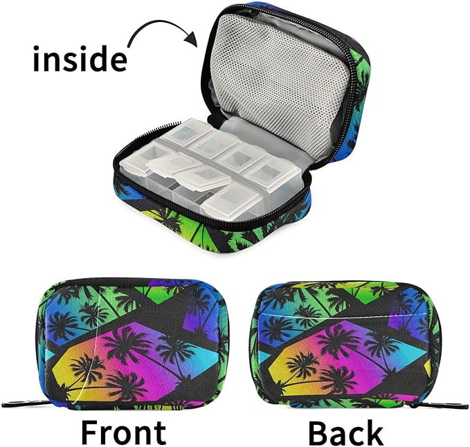 Pill Box Colorful Geometry Palm Trees 7 Day Pill Case Travel Pill Organizer Bag with Zipper Portable Weekly Vitamin Medicine Supplement Holder Pouch Bag