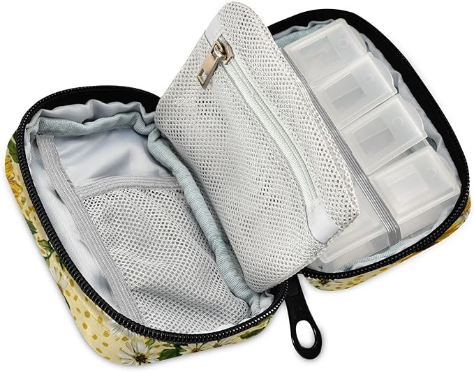 Yellow Dotted Bee and Daisy Travel Pill Organizer Case Box Container Weekly Portable Vitamin Medicine Holder Storage Bag with Zipper Removable
